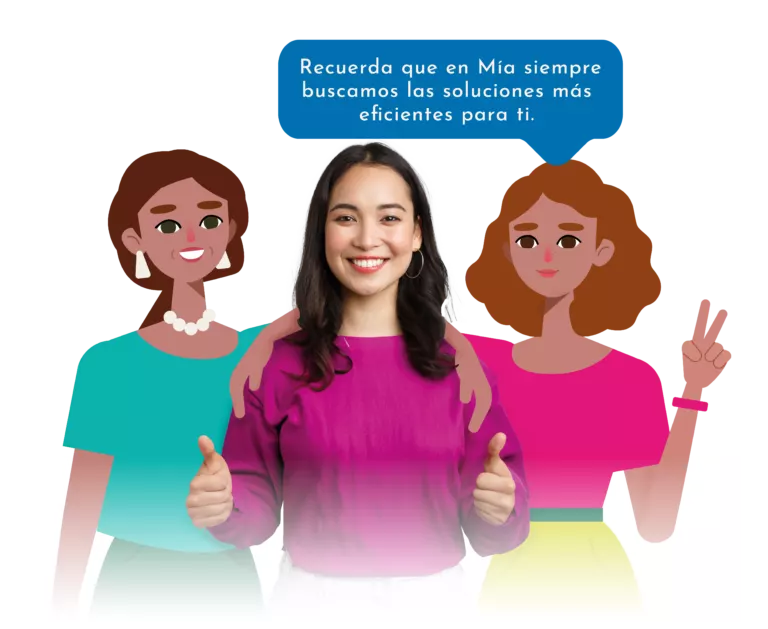 Tres mujeres sonrientes. Recuerda que en Mía siempre buscamos las soluciones más eficientes para ti.